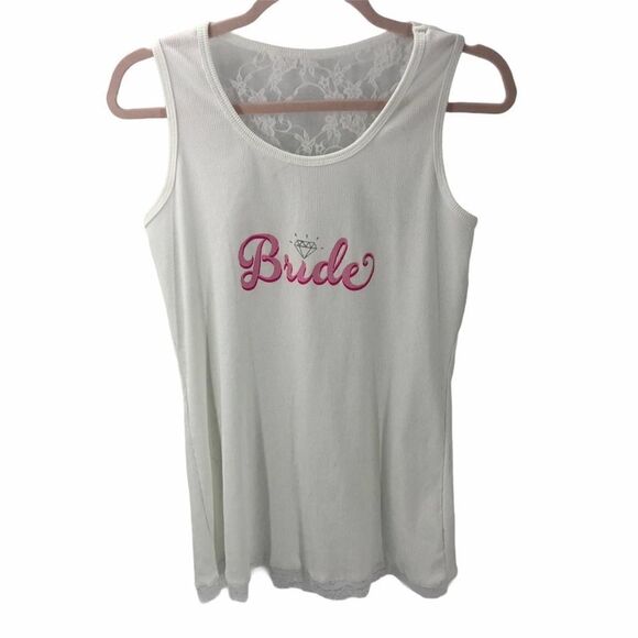 "Bride" White Ribbed Lace Accent Pink Tank Top - Picture 7 of 7